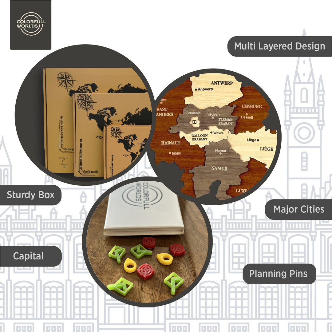 Features of the wooden Belgium map: multi-layered design, sturdy box, capital, major cities and planning pins