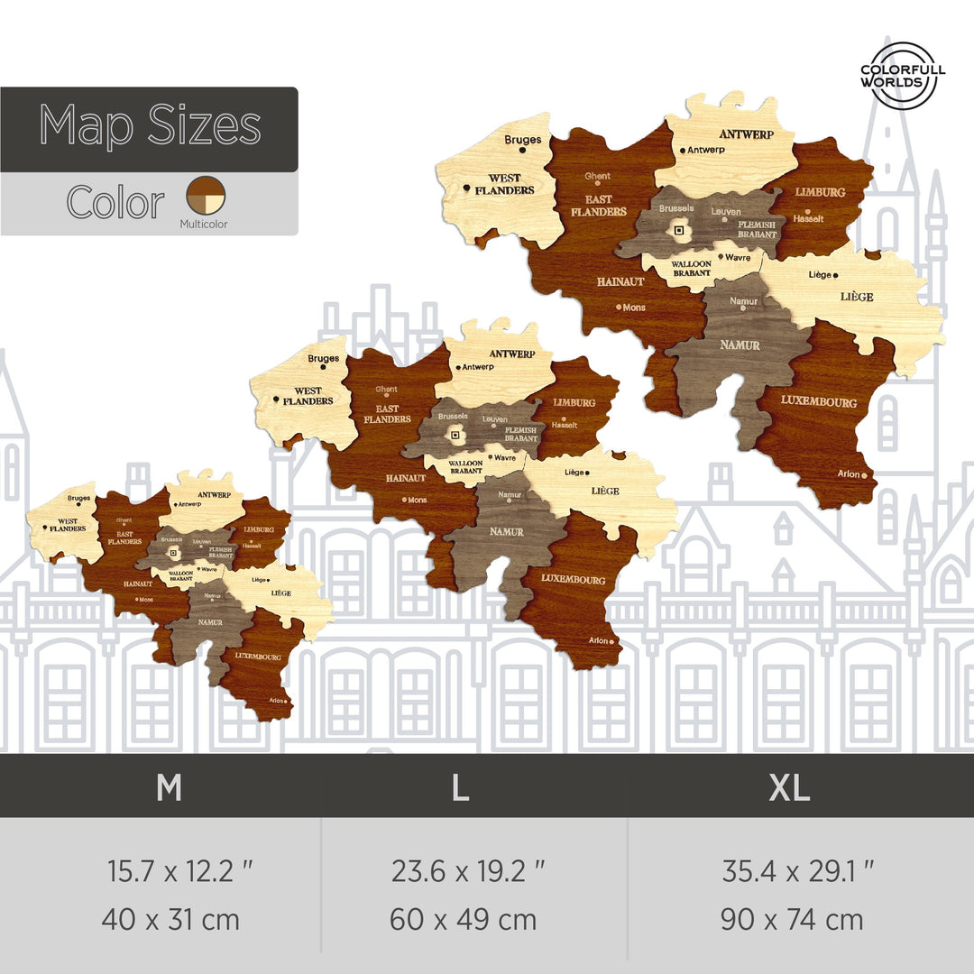Size chart for the wooden Belgium map: M 15.7 x 12.2 in, L 23.6 x 19.2 in and XL 35.4 x 29.1 in (40x31, 60x49, 90x74 cm)