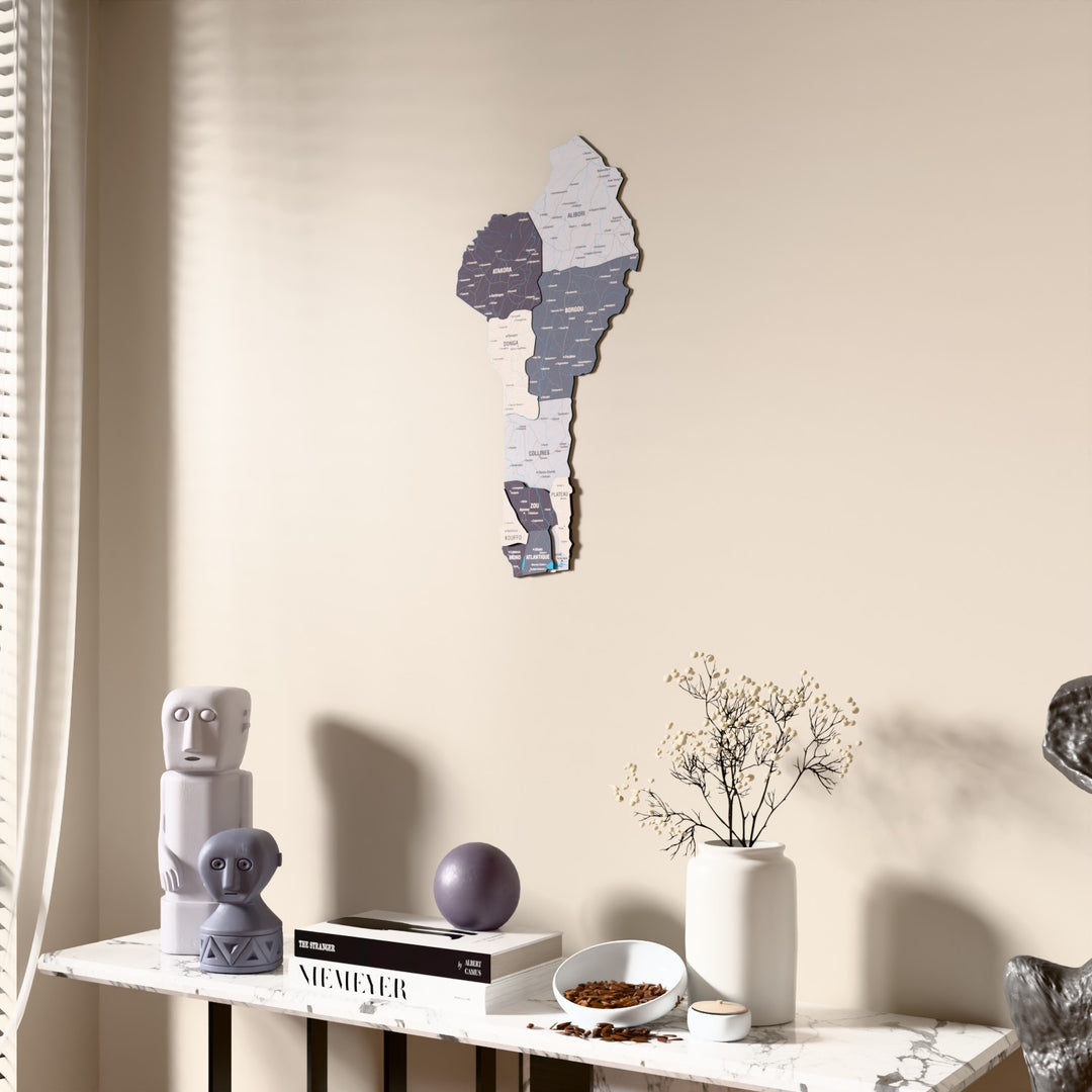 Nimbus Benin wooden wall map beside a sheer curtain, angled view