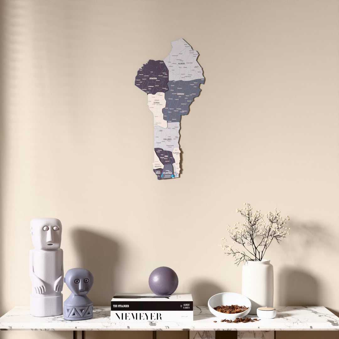 Nimbus Benin wooden wall map above a marble console, front view
