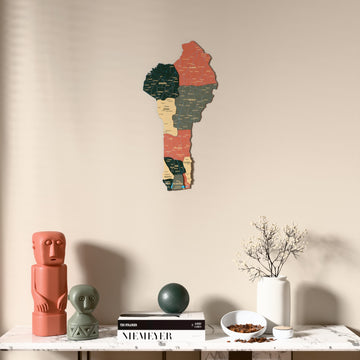 Sage Benin wooden wall map above a marble console, front view