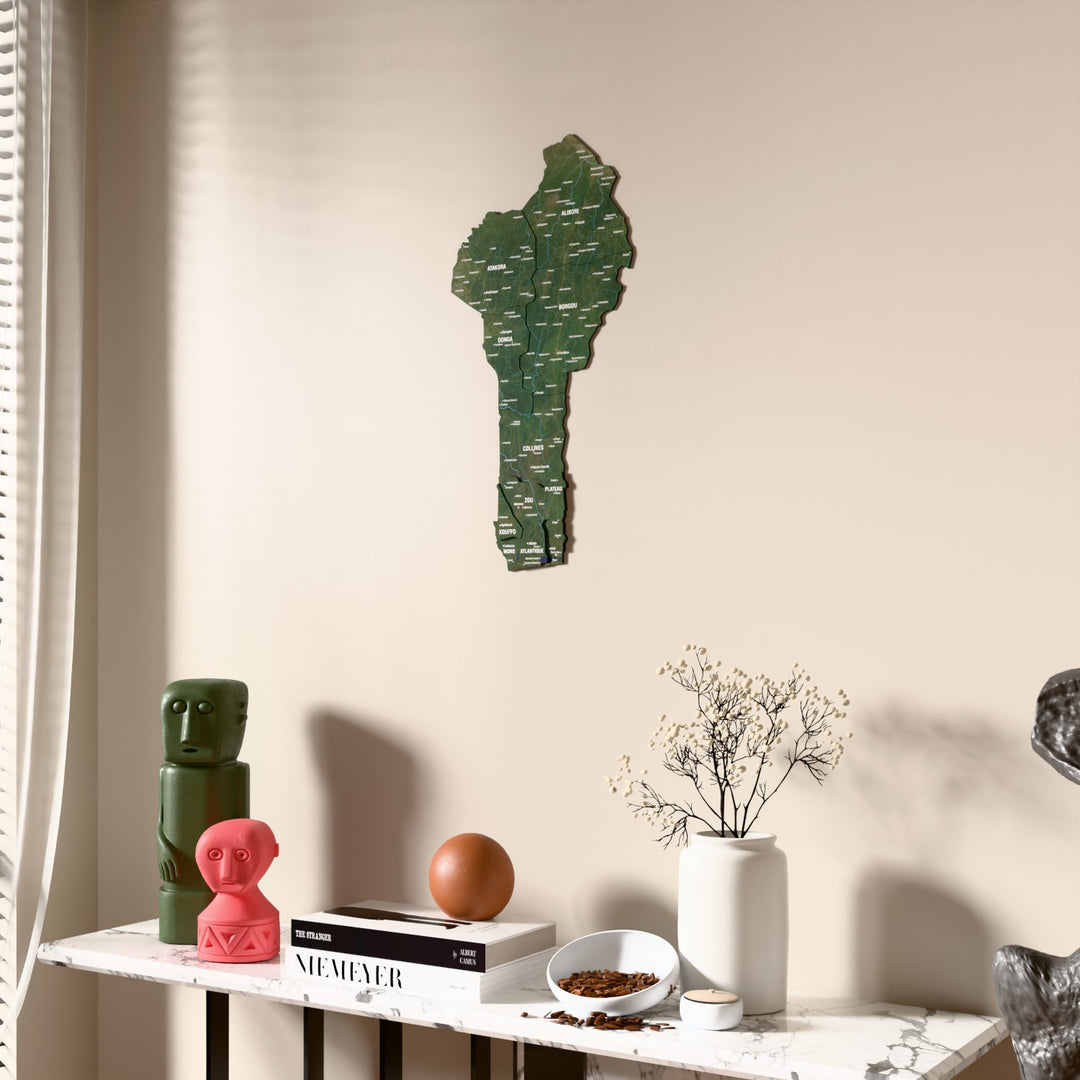 Satellite Benin wooden wall map beside a sheer curtain, angled view