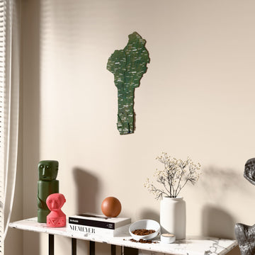 Satellite Benin wooden wall map beside a sheer curtain, angled view