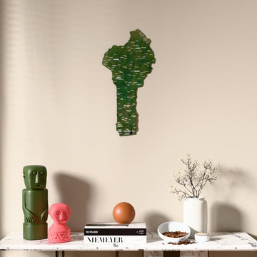 Satellite Benin wooden wall map above a marble console, front view