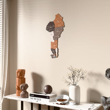 Soil Benin wooden wall map beside a sheer curtain, angled view
