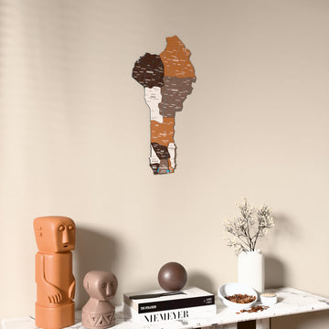 Soil Benin wooden wall map on a beige wall above a console with figurines