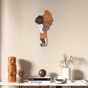 Soil Benin wooden wall map above a marble console, front view