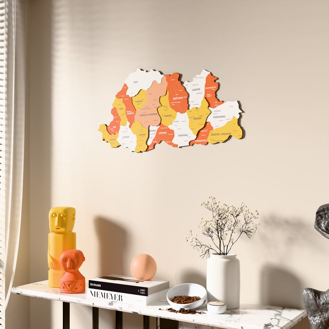 Flag colored Bhutan wooden wall map beside a sheer curtain, angled view