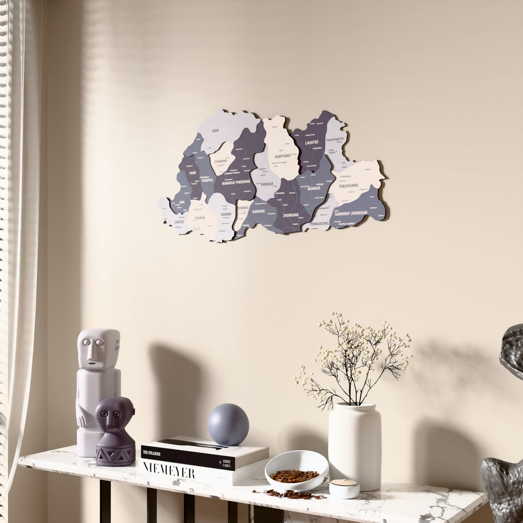 Nimbus Bhutan wooden wall map beside a sheer curtain, angled view