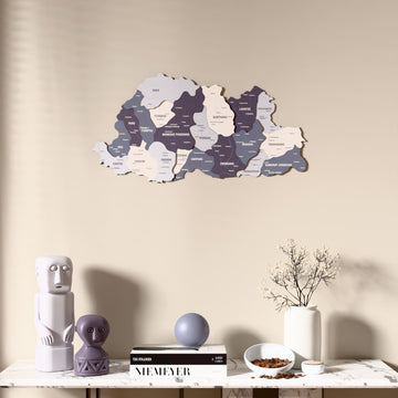 Nimbus Bhutan wooden wall map above a marble console, front view