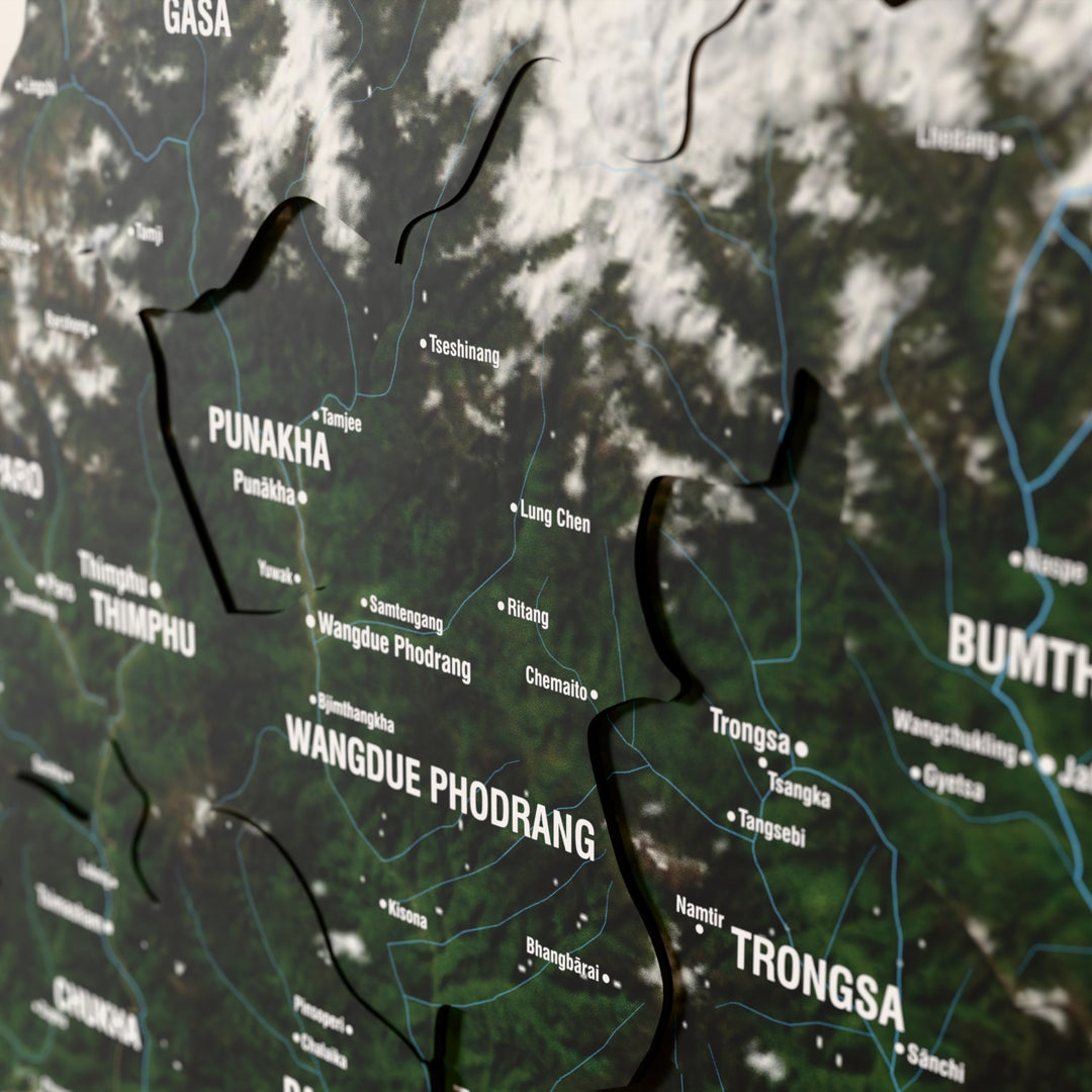 Close-up of the Satellite Bhutan wooden wall map with layered regions and printed names