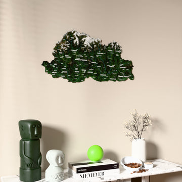 Satellite Bhutan wooden wall map on a beige wall above a console with figurines