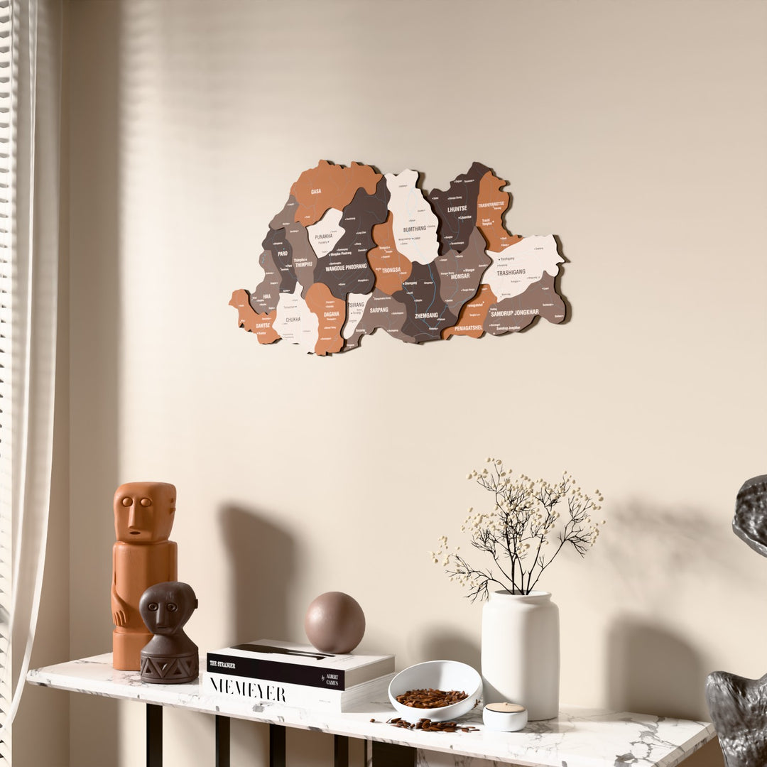 Soil Bhutan wooden wall map beside a sheer curtain, angled view