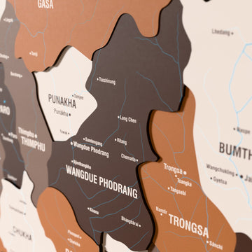 Close-up of the Soil Bhutan wooden wall map with layered regions and printed names