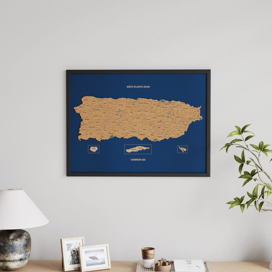 Framed Puerto Rico Cork Wall Map Decor