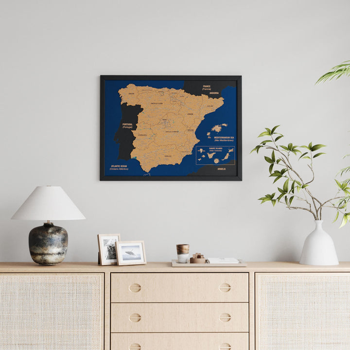 Framed Spain Cork Wall Map Decor