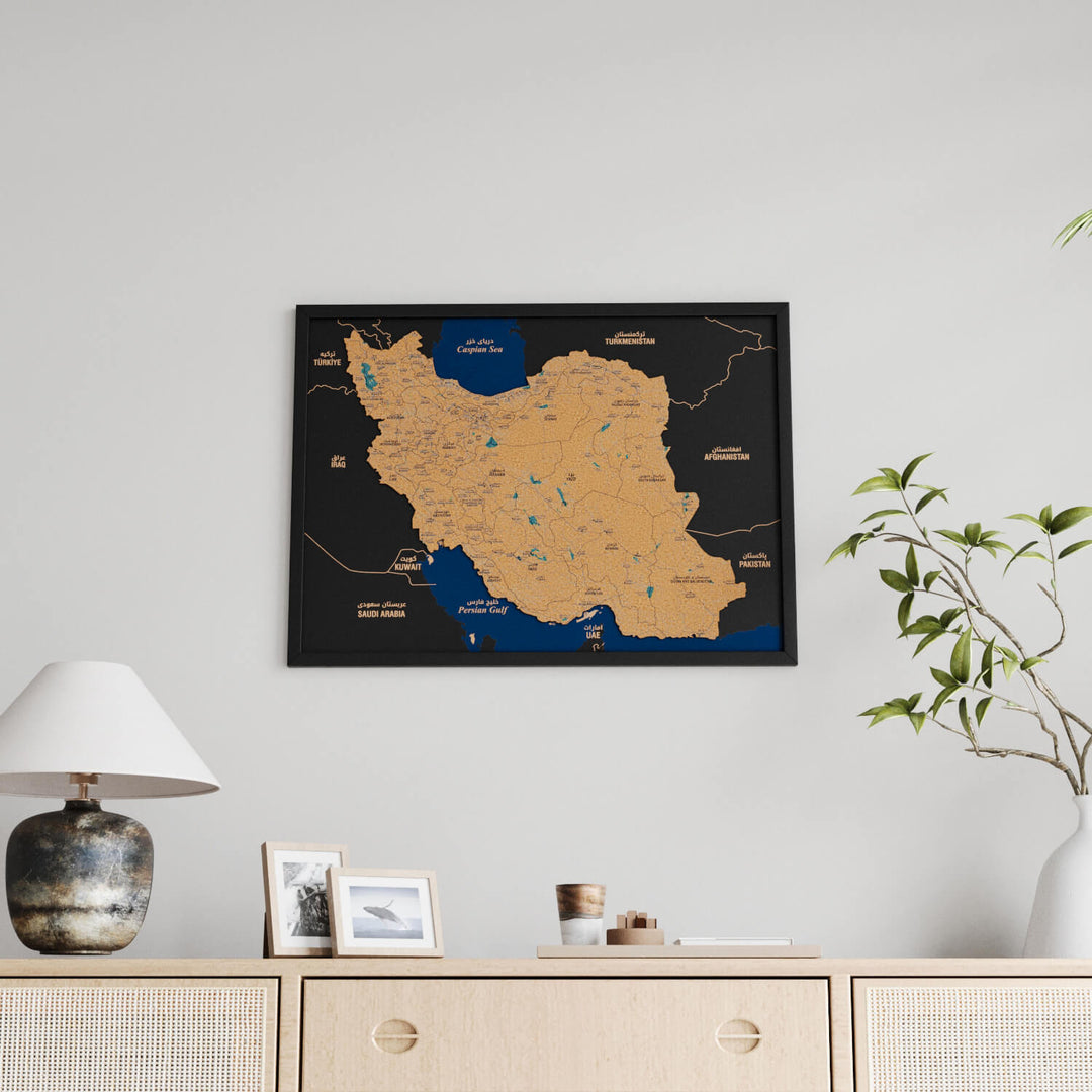 Framed Iran Cork Wall Map Decor