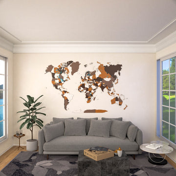 Blank Soil wooden world map in a living room with windows at right, gray sofa below