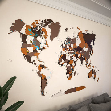 Soil wooden world map in Blank style without names or borders, angled view beside a plant