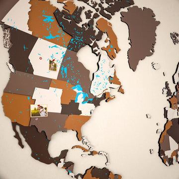 Blank-style Soil wooden world map, close-up of North America and Greenland without names