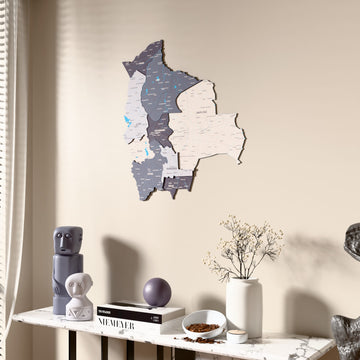 Nimbus Bolivia wooden wall map beside a sheer curtain, angled view