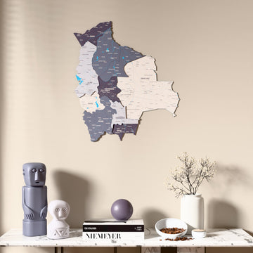 Nimbus Bolivia wooden wall map above a marble console, front view
