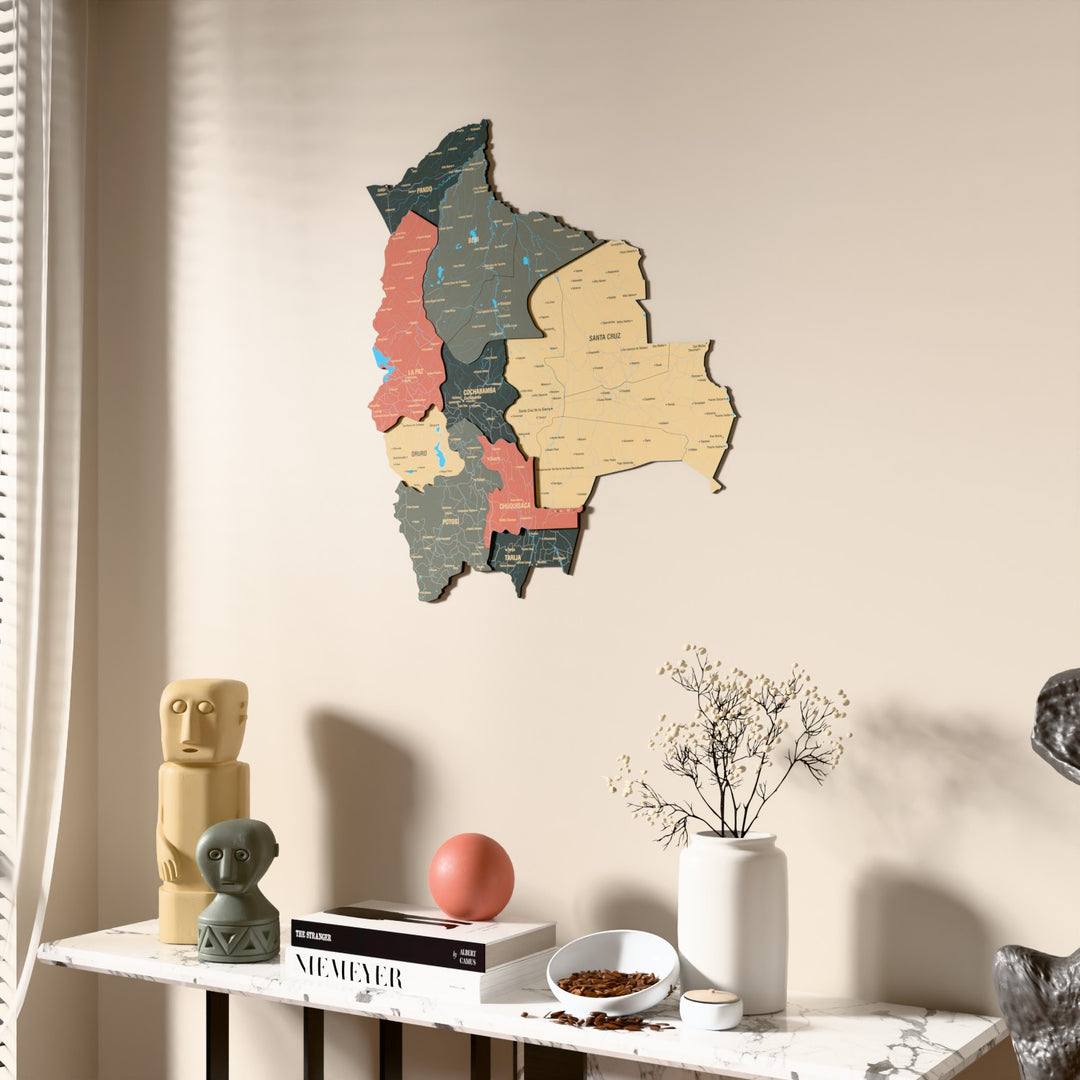 Sage Bolivia wooden wall map beside a sheer curtain, angled view