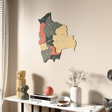 Sage Bolivia wooden wall map beside a sheer curtain, angled view