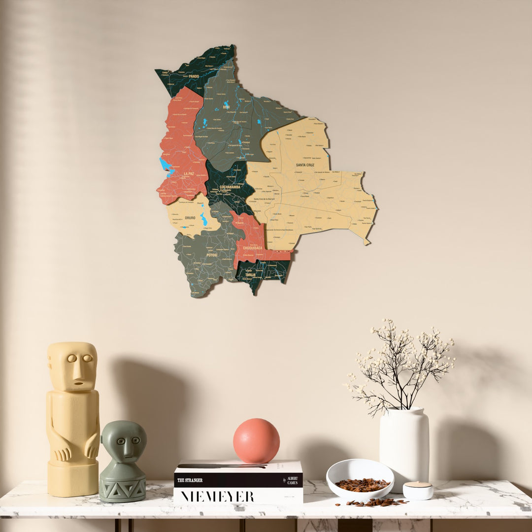 Sage Bolivia wooden wall map above a marble console, front view