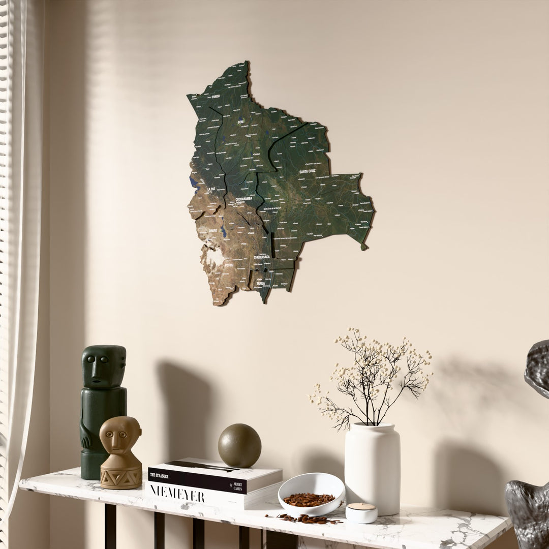 Satellite Bolivia wooden wall map beside a sheer curtain, angled view