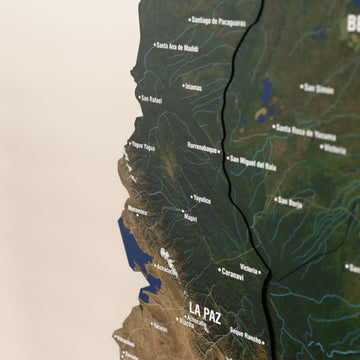 Close-up of the Satellite Bolivia wooden wall map with layered regions and printed names