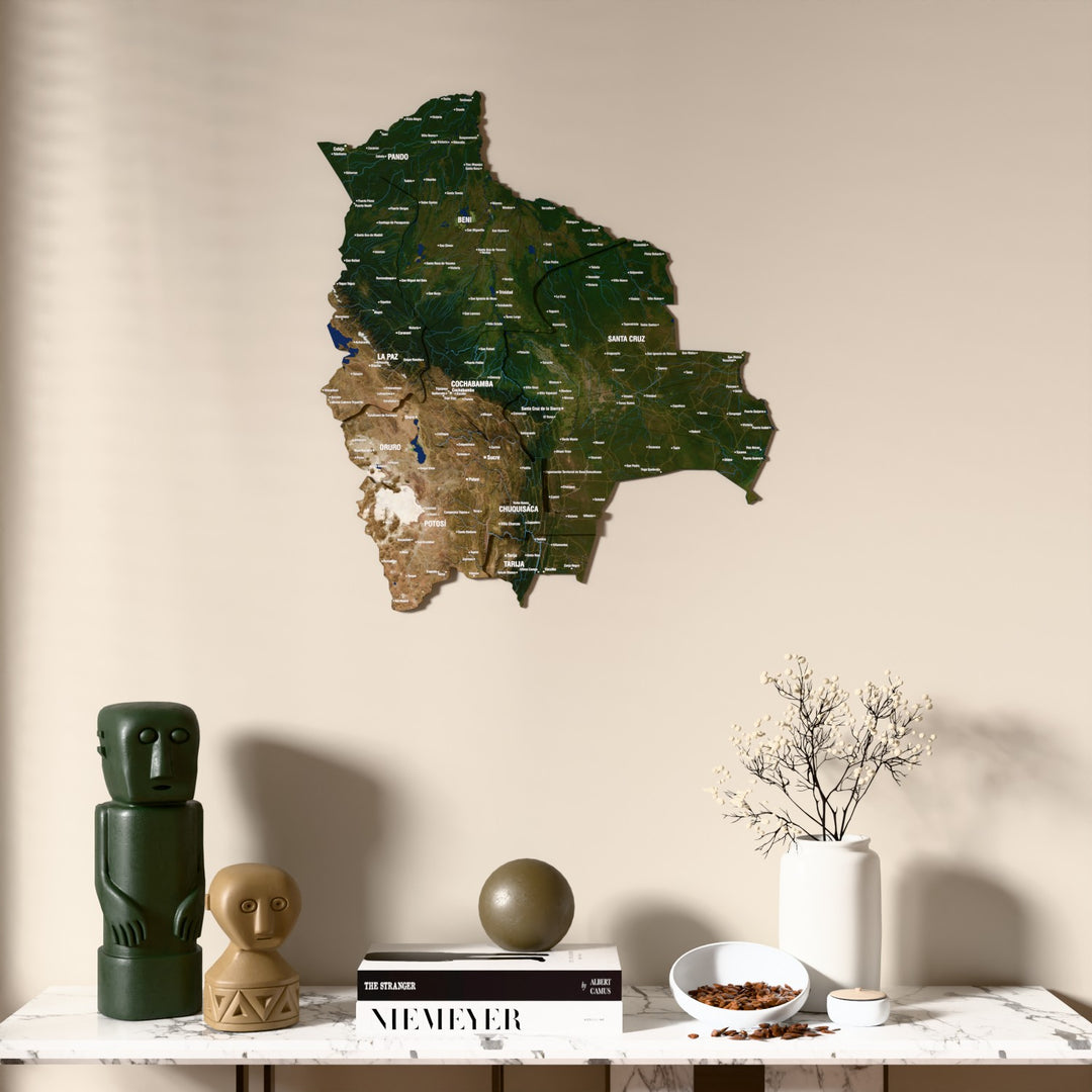 Satellite Bolivia wooden wall map above a marble console, front view