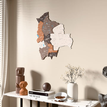 Soil Bolivia wooden wall map beside a sheer curtain, angled view