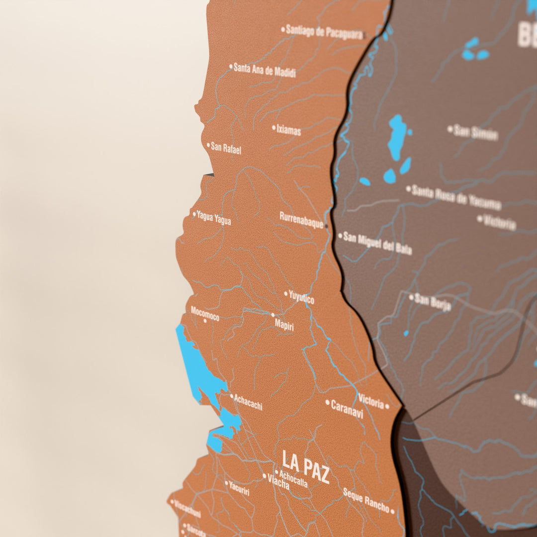 Close-up of the Soil Bolivia wooden wall map with layered regions and printed names