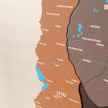Close-up of the Soil Bolivia wooden wall map with layered regions and printed names