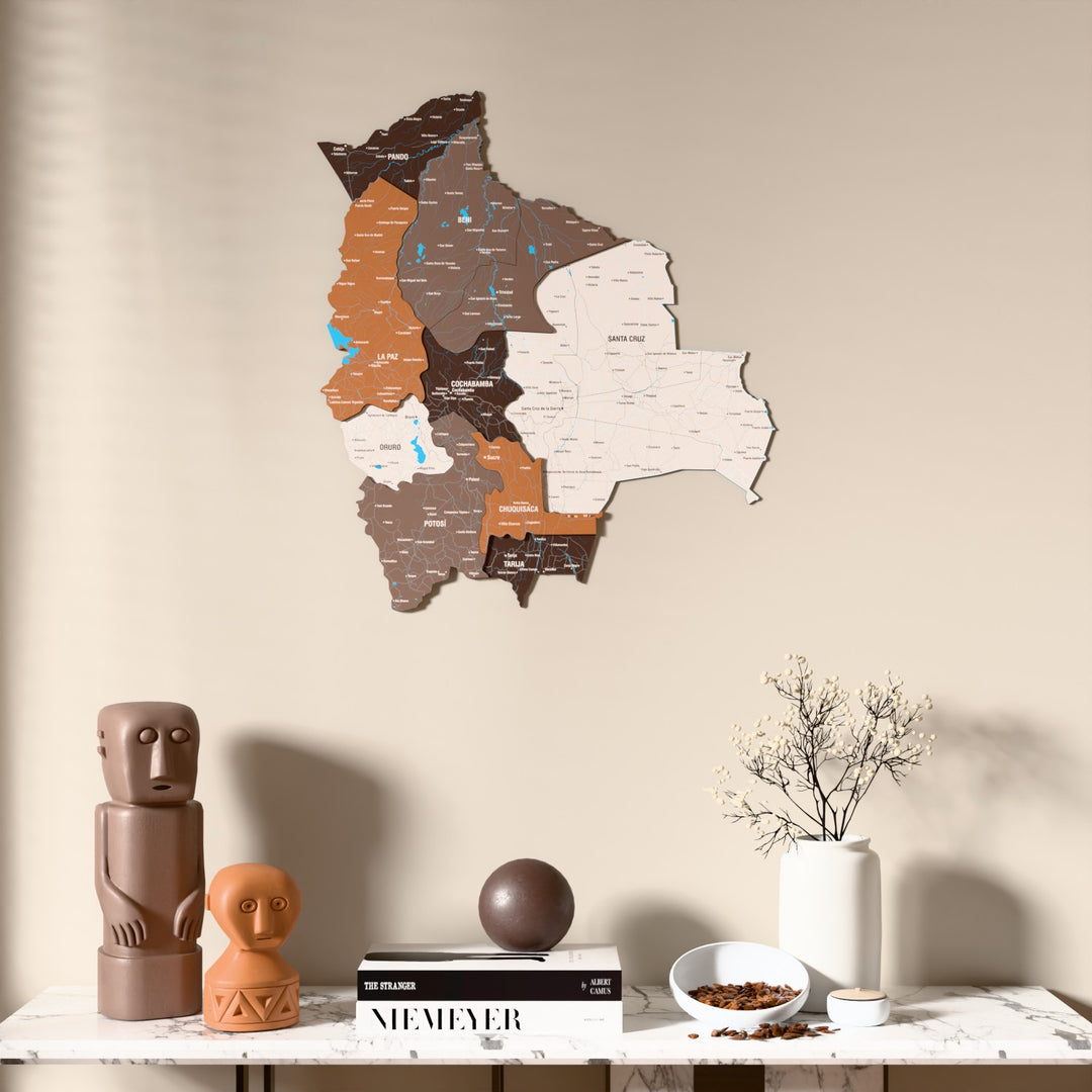 Soil Bolivia wooden wall map above a marble console, front view