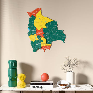Flag colored Bolivia wooden wall map above a marble console, front view
