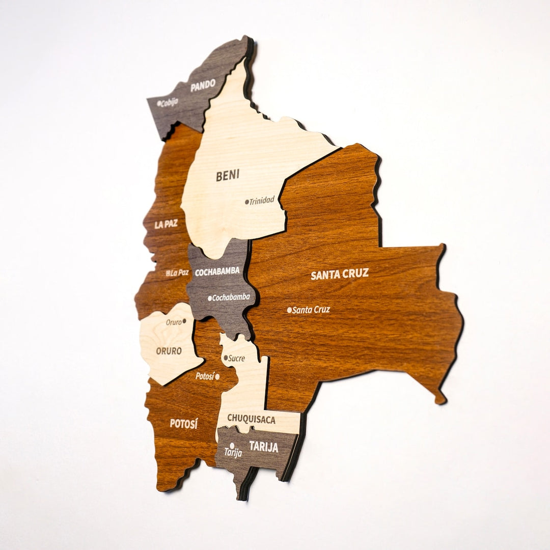 Close-up of Beni, La Paz and Santa Cruz departments on the 3D wooden Bolivia map