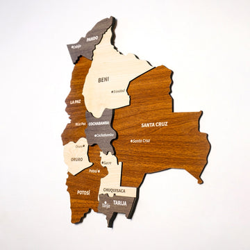 Close-up of Beni, La Paz and Santa Cruz departments on the 3D wooden Bolivia map