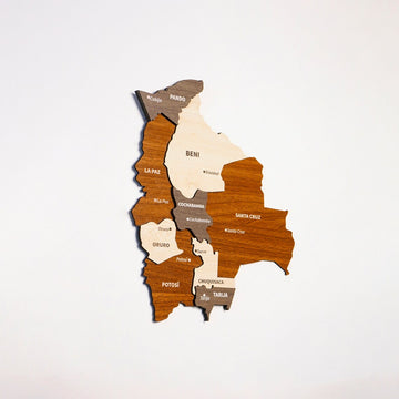 Wooden Bolivia map seen from a distance on a white wall, multicolor layers