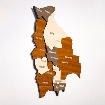Tall angled view of the wooden Bolivia map showing layer depth from La Paz to Tarija