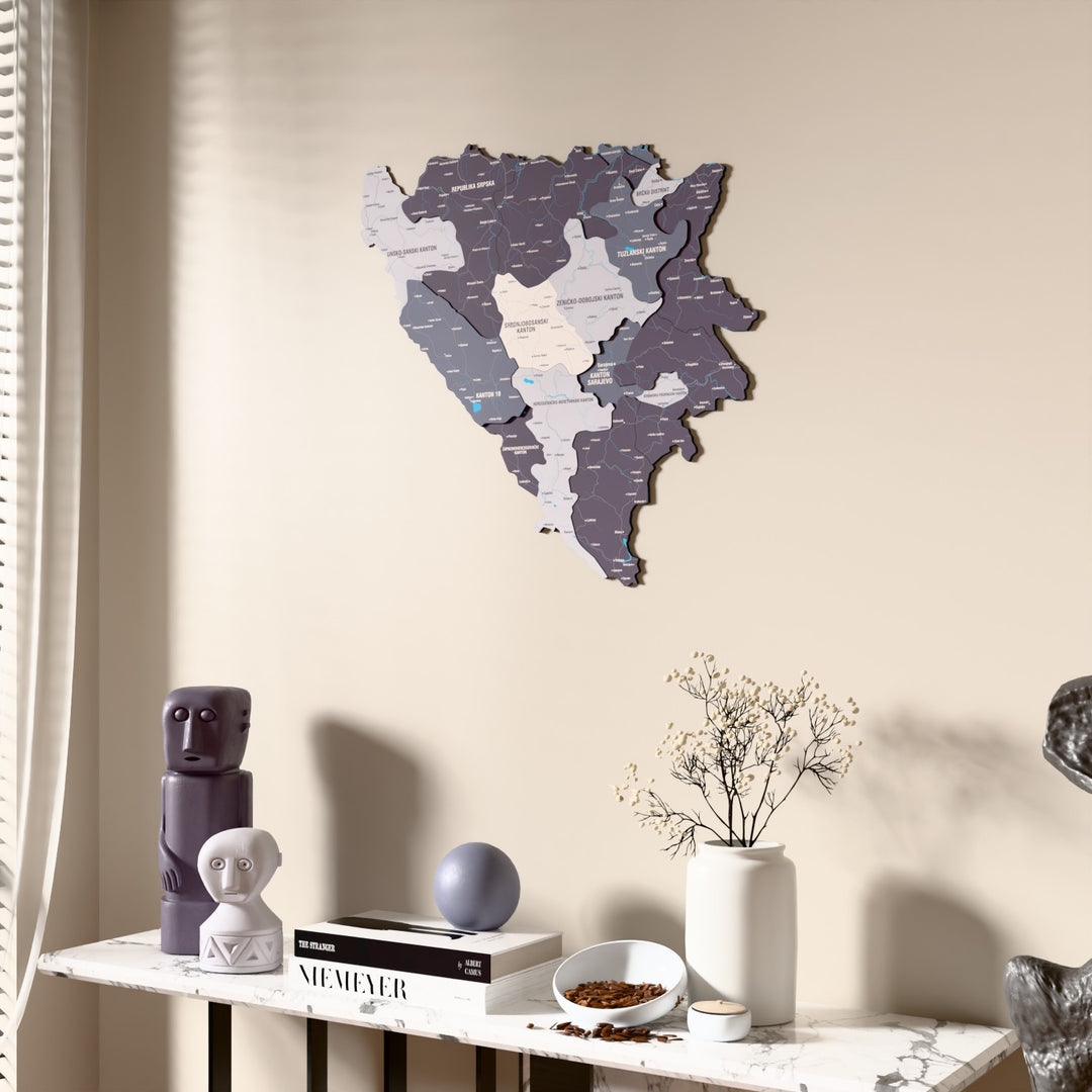 Nimbus Bosnia and Herzegovina wooden wall map beside a sheer curtain, angled view
