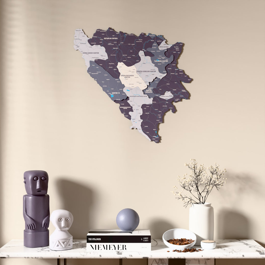 Nimbus Bosnia and Herzegovina wooden wall map above a marble console, front view
