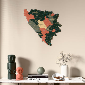 Sage Bosnia and Herzegovina wooden wall map above a marble console, front view