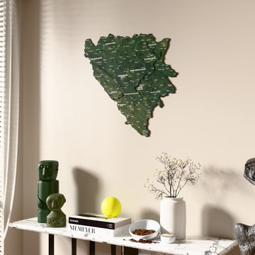 Satellite Bosnia and Herzegovina wooden wall map beside a sheer curtain, angled view