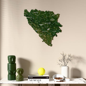 Satellite Bosnia and Herzegovina wooden wall map above a marble console, front view