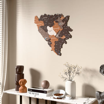 Soil Bosnia and Herzegovina wooden wall map beside a sheer curtain, angled view