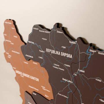 Close-up of the Soil Bosnia and Herzegovina wooden wall map with layered regions and printed names