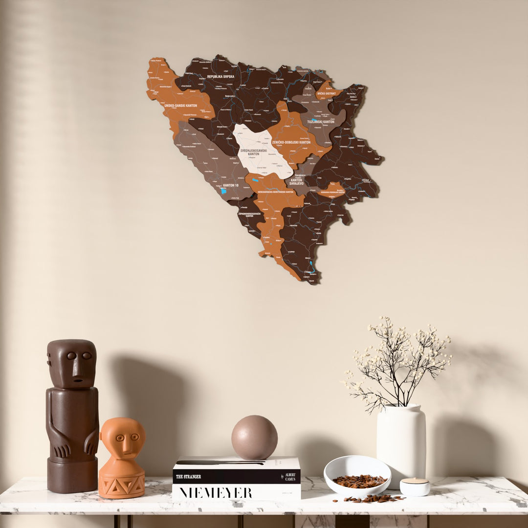 Soil Bosnia and Herzegovina wooden wall map above a marble console, front view