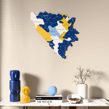 Flag colored Bosnia and Herzegovina wooden wall map above a marble console, front view
